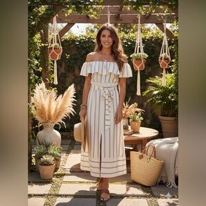 Gilli Off-Shoulder Maxi Dress - Cream and Brown